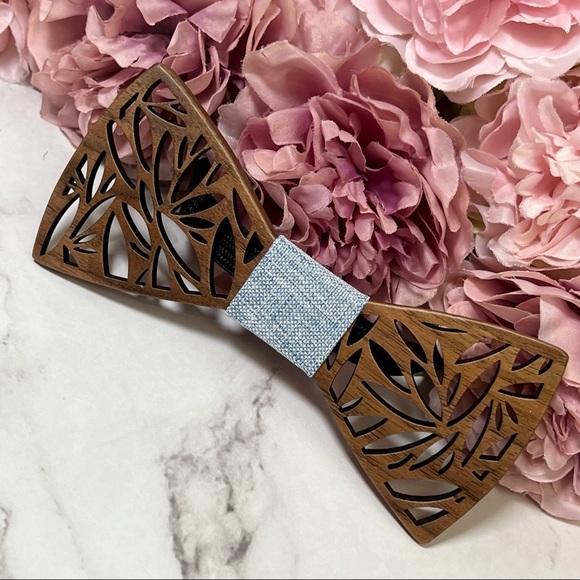 Handmade Wood Butterfly Bow Tie Cufflinks Blue Pocket Square & Boutonnière Set - Picture 7 of 16